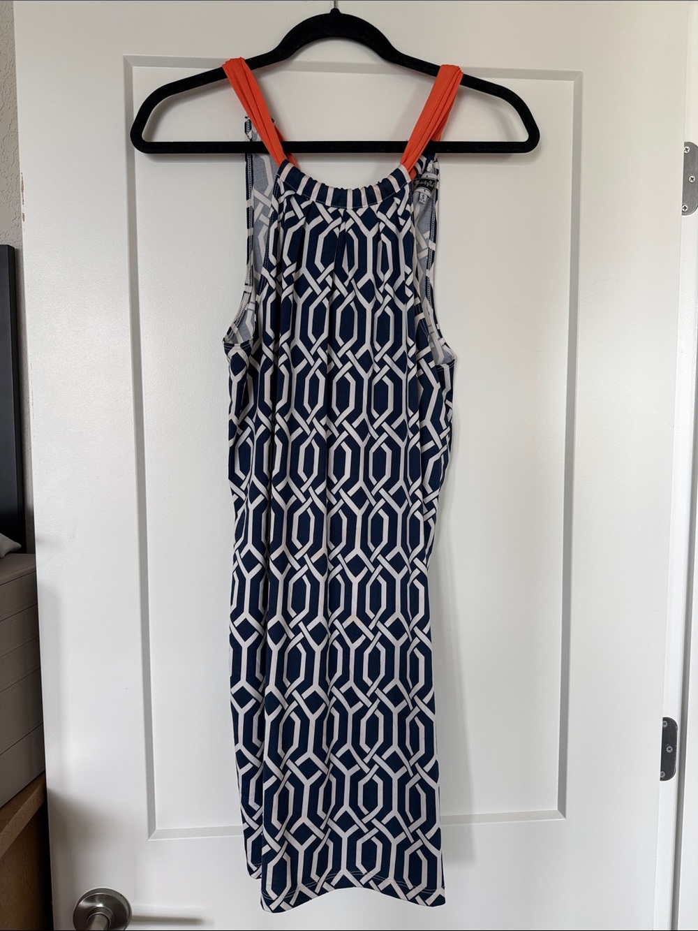 Mud Pie Navy Geometric Midi Dress with Coral Straps
